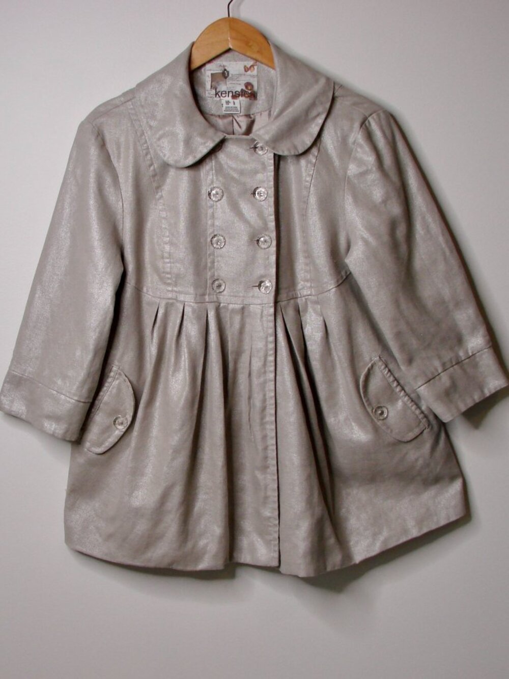 Kensie Linen Swing Coat Jacket A-line Pleats Metallic Taupe Gray Beige Large